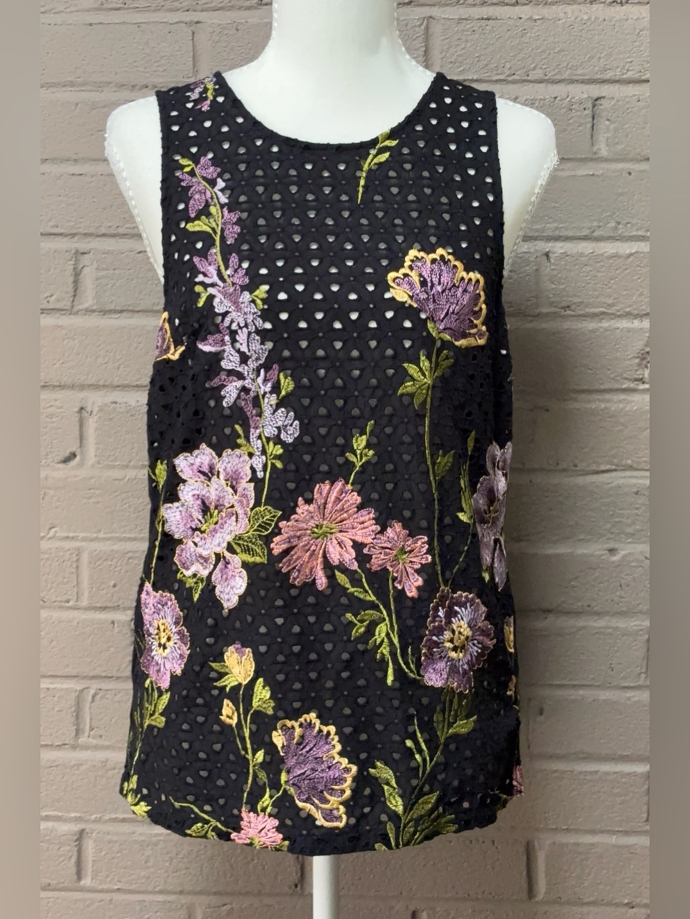 Anthropologie Black Eyelet Tank with Pink & Purple Floral Embroidery XS